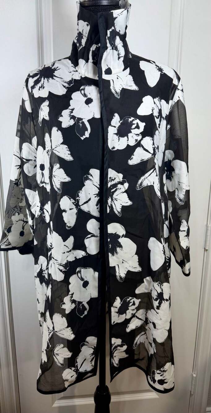 Caroline Rose Black & White Sheer Floral Print Open Front Topper Coat